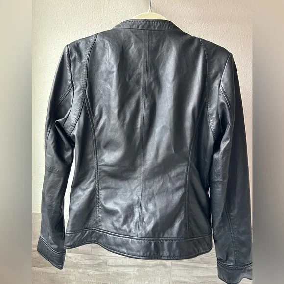 Andrew Marc Black Moto Jacket with Pockets + Turquoise Satin Lining Sz M - Picture 6 of 13